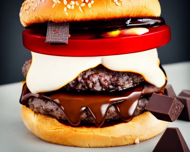 Prompt: dslr food photograph of burger with marshmallows in it, some chocolate sauce, 8 5 mm f 1. 4