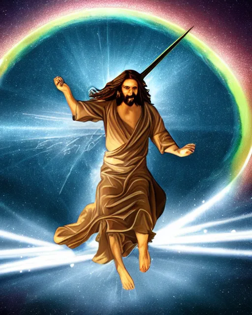 Image similar to Stylized Artistic Render of Jesus flying a unicorn through space while shooting lasers out of his eyes