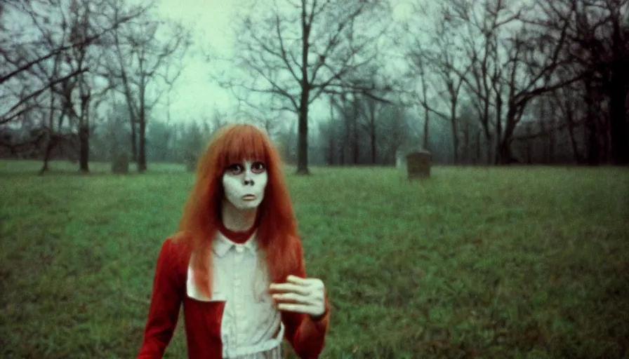 Image similar to 7 0 s film still from a horror movie starring a person with anorexia dancing in a graveyard, kodachrome, cinecolor, cinestill, photorealism, cinematic, film grain, film texture, vhs recording