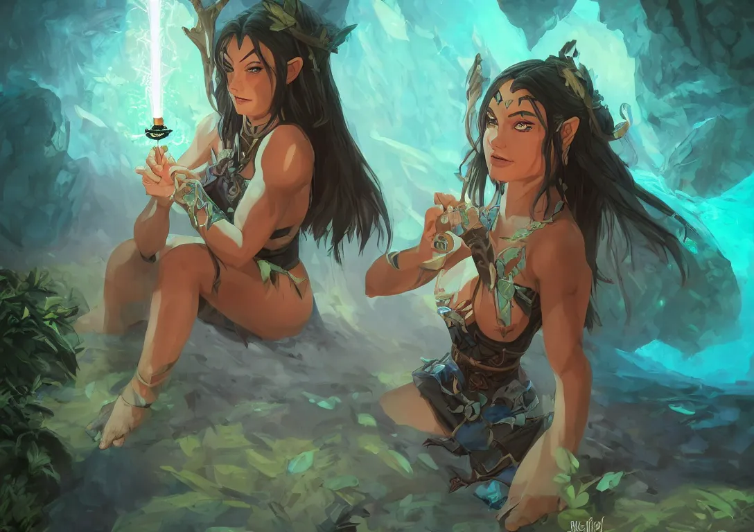 Prompt: half orc half elf woman, beautiful face and small orc tusks, holding a glowing diamond, tropical mage dress with high slit, several layers of fabric, sitting in glowing blue water in a cave, by ilya kuvshinov, krenz cushart, Greg Rutkowski, trending on pixiv