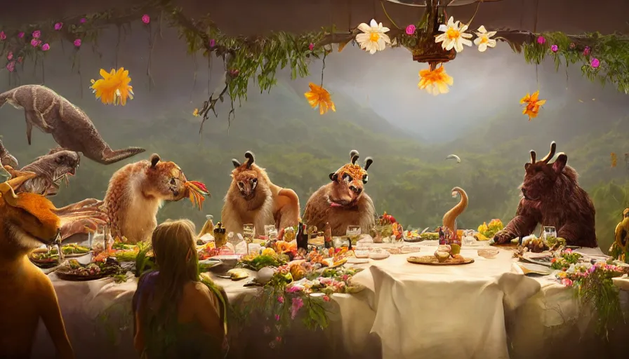 Image similar to a table dinner of exotic animals where animals are dressed like the characters from the midsommar movie wearing flowers, realistic detailed digital art by maxwell boas jessica rossier christian dimitrov anton fadeev trending on artstation cgsociety rendered in unreal engine 4 k hq