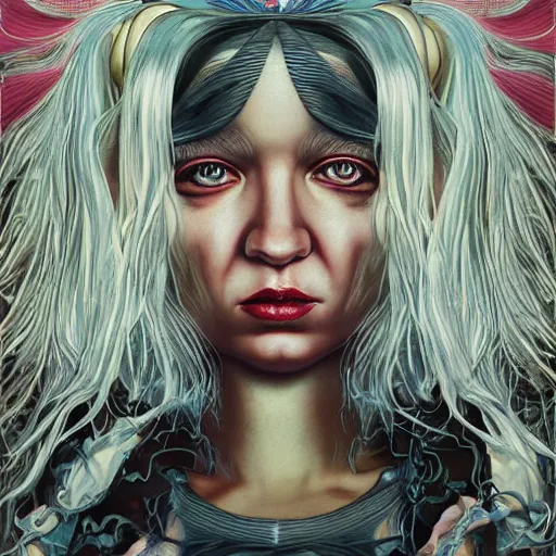 Image similar to portrait of crazy beautiful singer sia kate isobelle furler, ymmetrical, by yoichi hatakenaka, masamune shirow, josan gonzales and dan mumford, ayami kojima, takato yamamoto, barclay shaw, karol bak, yukito kishiro