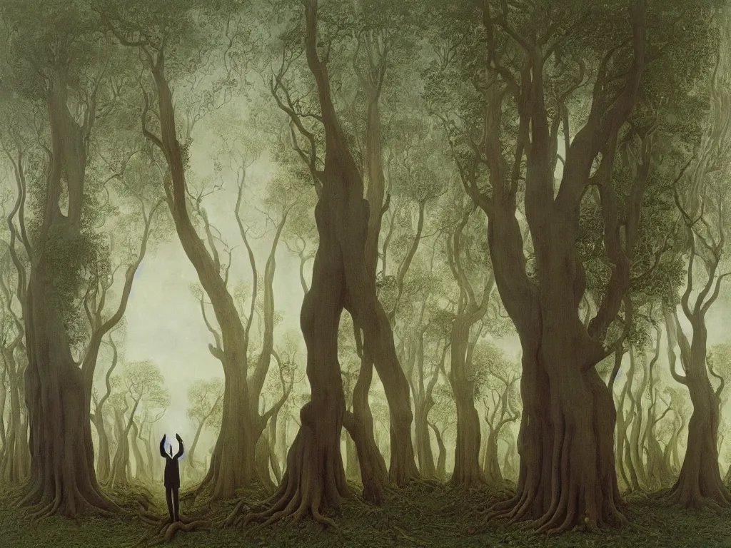 Prompt: albino mystic, with his back turned, looking in the distance at the surreal giant forest of Banyan trees in the fog. Painting by Jan van Eyck, Caspad David Friedrich, Rene Magritte, Agnes Pelton, Max Ernst, Walton Ford