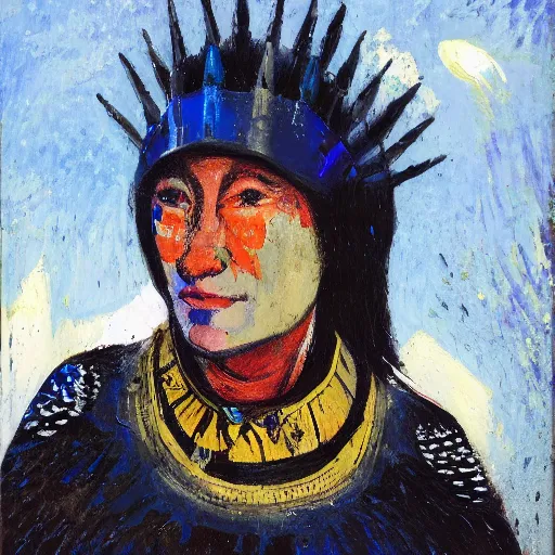 Prompt: head and shoulders portrait of a female knight, inuk, tonalism, american realism, backlighting, spatter, palette knife, prussian blue and raw sienna, angular, squinting, crows, baroque