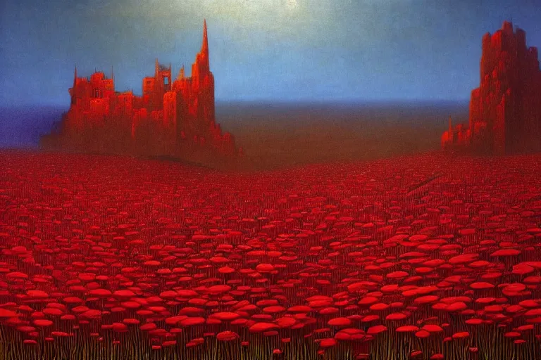 Image similar to only with red, red flowers of different types, a castle in the background, red orcs and trolls dance over the flowers, in the style of beksinski, part by hopper, part by rodcenko, part by hofbauer, intricate composition, red by caravaggio, insanely quality, highly detailed, masterpiece, red light, artstation, 8 k