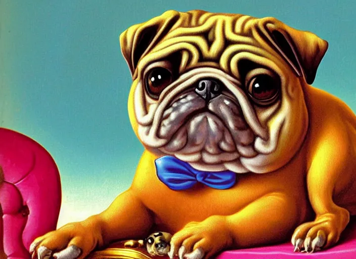 Prompt: baroque rococo painting The Royal Pug portrait Greg Hildebrandt Lisa Frank high detail cute puppy