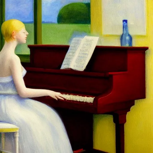 Prompt: Painting of Elle Fanning playing the piano, long blonde hair, delicate, pale milky white porcelain skin, by Edward Hopper. 8K. Extremely detailed.