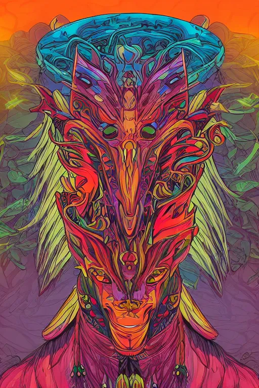 Image similar to animal mask totem roots tribal feather gemstone plant wood rock shaman vodoo video game vector illustration vivid multicolor borderlands comics by josan gonzales and dan mumford radiating a glowing aura