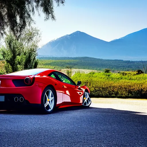 Image similar to a beautiful ferrari park next to a tree it's a sunny day with no cloud in the sky and there is one road next to the car the background is a view of mountains professional photograph