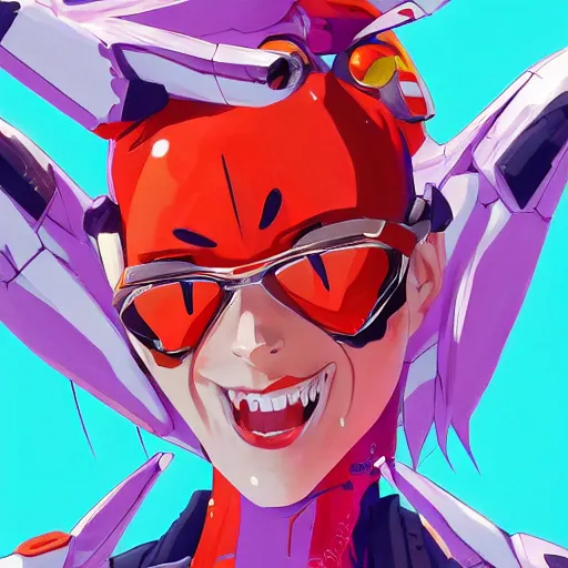 Image similar to asuka close - up, evangelion, gta 5 cover art, smiling borderlands style, cellshading, trending on artstation, by rhads, andreas rocha, rossdraws, makoto shinkai, laurie greasley, lois van baarle, ilya kuvshinov and greg rutkowski