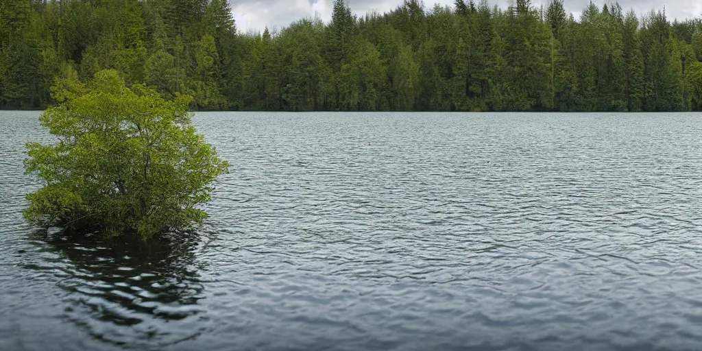 Image similar to centered photograph of a infintely long rope zig zagging across the surface of the water into the distance, floating submerged rope stretching out towards the center of the lake, a dark lake on a cloudy day, color film, trees in the background, hyper - detailed photo, anamorphic lens