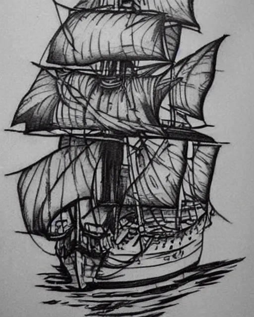 Image similar to A tattoo design sketch of a realistic pirate ship, on paper, black and white, highly detailed, realistic tattoo, trending on pinterest