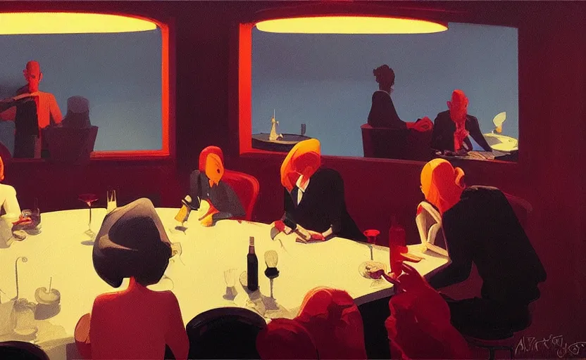 Image similar to a mysterious surreal dinner scene illustration by atey ghailan and escher and edward hopper, surreal
