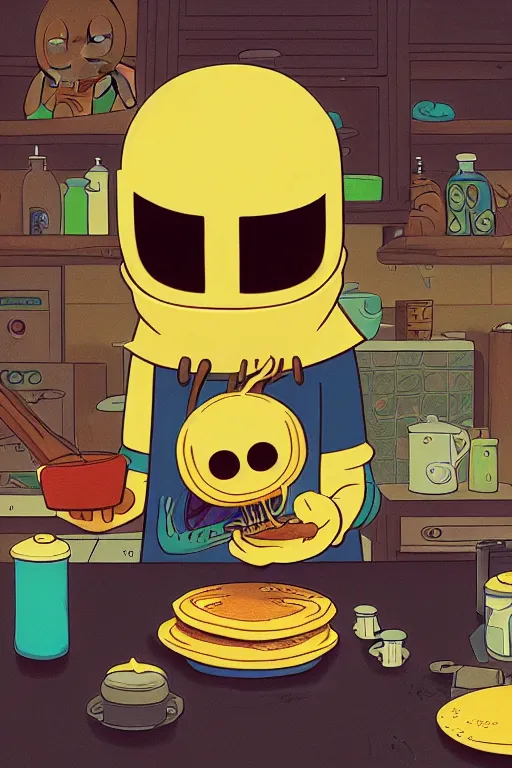 Image similar to mf doom making pancakes in style of adventure time, animation pixar style, by pendleton ward, magali villeneuve, artgerm, rob rey and kentaro miura style, golden ratio, trending on art station