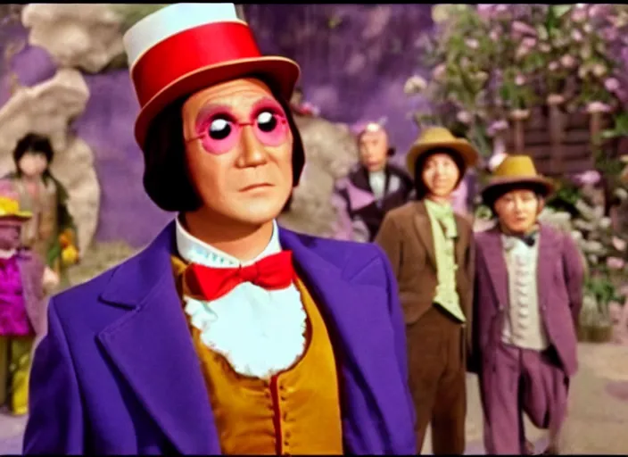 Prompt: film still of Takeshi 69 as Willy Wonka in Willy Wonka and the Chocolate Factory 1971