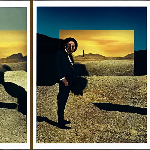 Image similar to salvador dali with full - face golden mask in a dry rocky desert landscape, visible sky and sunny atmosphere, fata morgana and giant square mirrors, film still from the movie by alejandro jodorowsky with cinematogrophy of christopher doyle and art direction by hans giger, anamorphic lens, kodakchrome, very detailed photo, 8 k