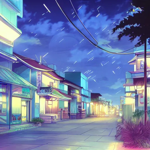 Image similar to key anime visual of a costal florida town at midnight, dark outside, modern anime style, official anime still