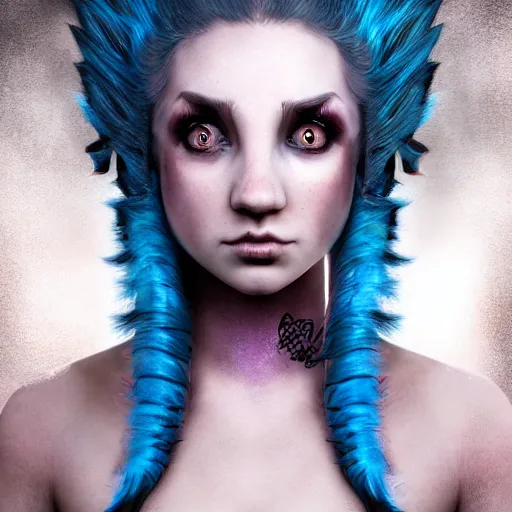 Image similar to The dragon girl portrait, portrait of young girl half dragon half human, dragon girl, dragon skin, dragon eyes, dragon crown, blue hair, long hair, highly detailed, cinematic lighting, Matte painting by Wes Craven