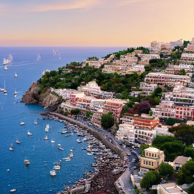 Image similar to portsmouth new hampshire colonial city on positano italy cliff, ocean cliff view, maple trees along street, chimneys on buildings, cobblestone street, light cinematic, volumetric, realistic, cinematic lighting, ray tracing, unreal engine 5, octane render, hyper realistic, photo, 8 k