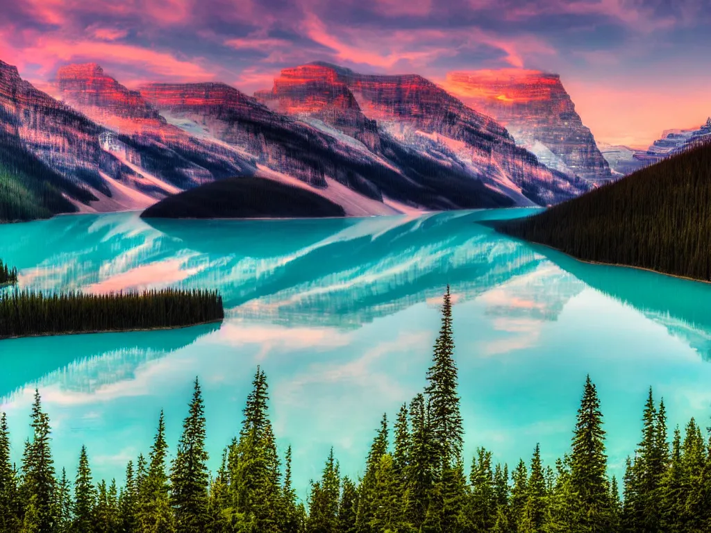 Image similar to lake louise panaroma at dawn detailed luminescent oil painting 4 k