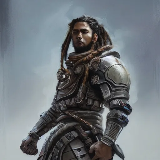 Image similar to Portrait of a man by Greg Rutkowski, a young, strong and hard-eyed futuristic warrior with brown hair with dreadlocks, wearing a futuristic space tactical gear that looks like a mix between the samurai, viking and templar aesthetics, mix between tribal and hi-tech, highly detailed portrait, scifi, space opera, digital painting, artstation, concept art, smooth, sharp foccus ilustration, Artstation HQ