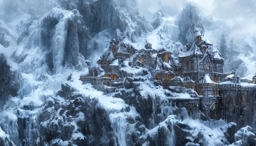 Prompt: Magic castle built inside a snowy mountain with waterfalls on each side, hyperdetailed, artstation, cgsociety, 8k