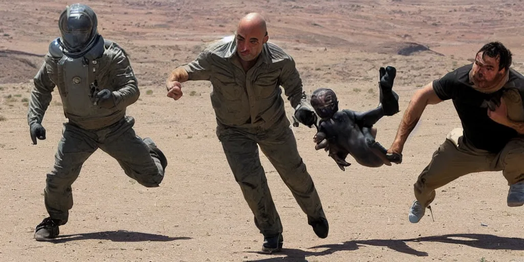 Prompt: joe rogan heroically saving an alien from area 5 1 while being chased by the cia protecting his rights