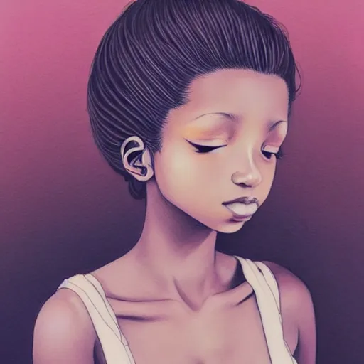 Prompt: artwork of misty williams, by range murata, face, eyes, skin, hair, shoulders, tank top, intricate, beautiful, serene, majestic, detailed, ultra, mega, super, visable sound waves, trending on pinterest, vsco, instagram