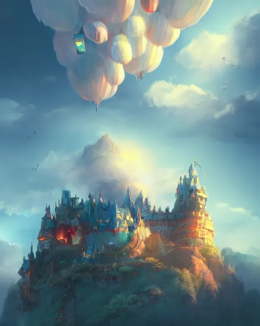 Image similar to flying cloud castle, buildings, baloons, machines, bright, blue sky, mountains, colorful, cinematic lighting, fantasy, high detail, illustration, masterpiece, artstation, 4 k, art by jana schirmer