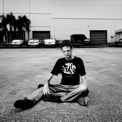 Image similar to young lanky Florida warehouse worker laying on the ground in the middle of a parking lot outside a logistics building, he is exhausted from work and staring into the night sky, realisitc photo, cinematic f/1.8 lens