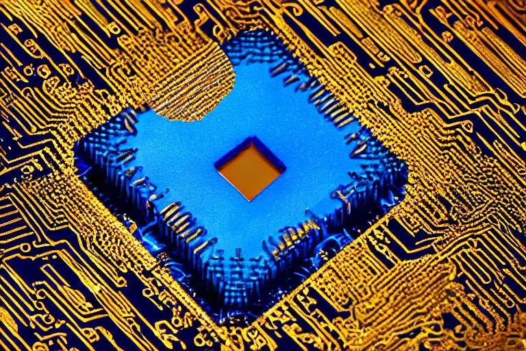 Prompt: Golden cpu chip with blue mana flowing inside, magic tech artefact