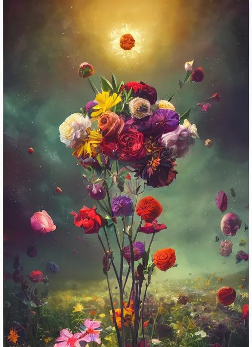 Image similar to An epic fantastic realism comic book style painting of the most beautiful flowers launched across the dark and starry cosmos, bouquets, fisheye lens, unreal 5, DAZ, hyperrealistic, octane render, dynamic lighting