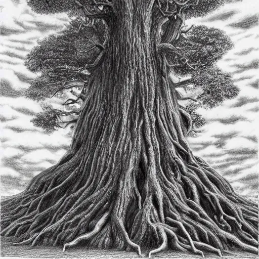 Image similar to a hyper-detailed pencil drawing of a large tree that towers over the heavens, by kentaro miura, stunning masterpiece