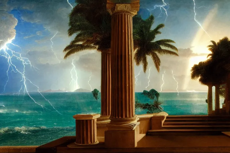 Image similar to mediterranean balustrade and columns, refracted lightnings on the ocean, thunderstorm, sun rays, greek pool, beach and Tropical vegetation on the background major arcana sky and occult symbols, by paul delaroche, hyperrealistic 4k uhd, award-winning, very detailed paradise