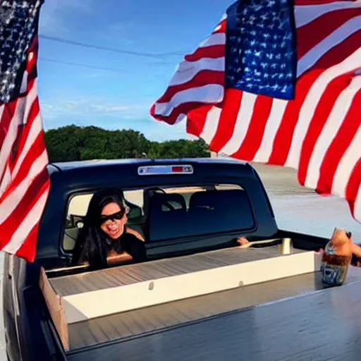 Image similar to photo of woman in the back of a pickup truck wearing bikinis drinking beer waving the american flag. the woman is completely drunk but still attractive and supports biden.