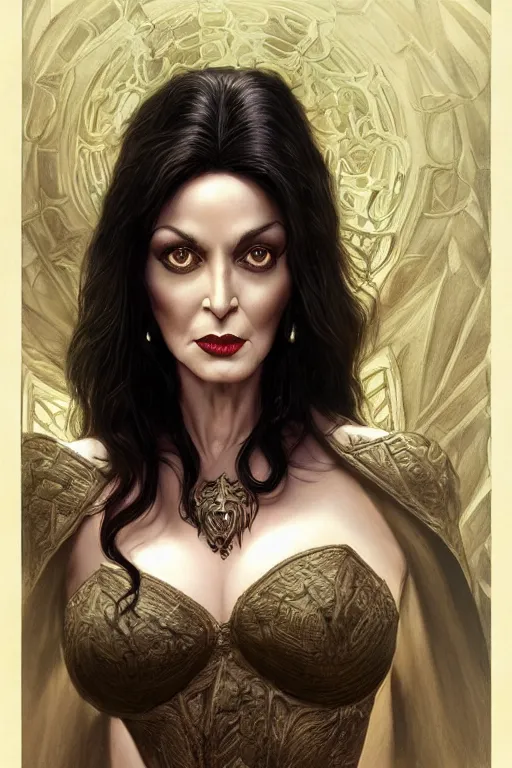 Image similar to ultra realistic illustration, deanna troi as morticia addams from baldurs gate and diablo, intricate, elegant, highly detailed, digital painting, artstation, concept art, smooth, sharp focus, illustration, art by artgerm and greg rutkowski and alphonse mucha