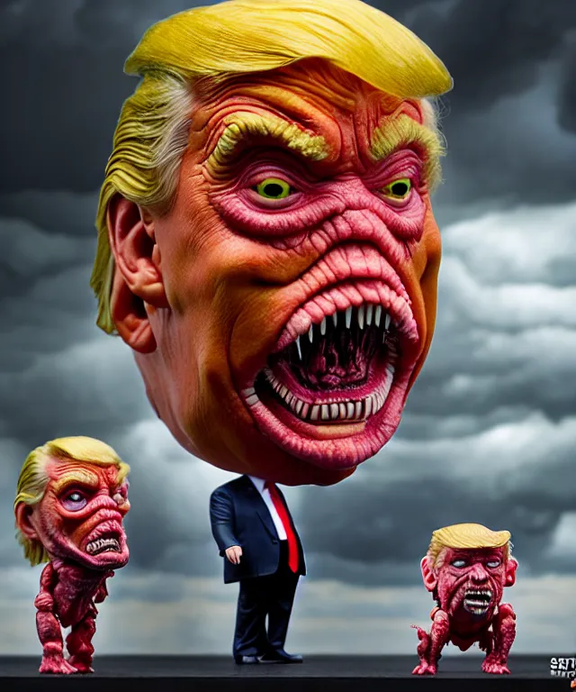 Prompt: hyperrealistic rendering, epic boss battle, cronenberg flesh monster donald trump, by art of skinner and richard corben, product photography, collectible action figure, sofubi, hottoys, storm clouds, outside, lightning