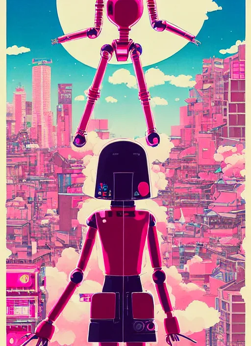 Image similar to a movie poster for a film based on the song Yoshimi battles the pink robots, part 1. by the band the flaming lips; artwork by Hiyao Miyazaki and studio Ghibli; a Japanese girl is fighting a gigantic evil Pink Robot in an alley in Tokyo; incredibly detailed artwork by James jean, Phil noto, Jon Foster, studio Ghibli