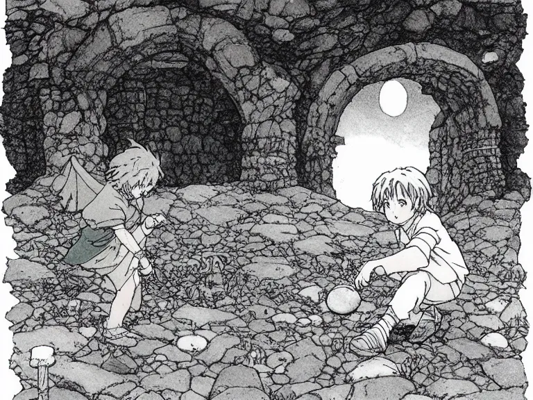 Prompt: cell shaded studio ghibli movie still fantasy concept art of a kid playing with stones like they are toys in stonehenge. it is a misty starry night. by rebecca guay, michael kaluta, charles vess