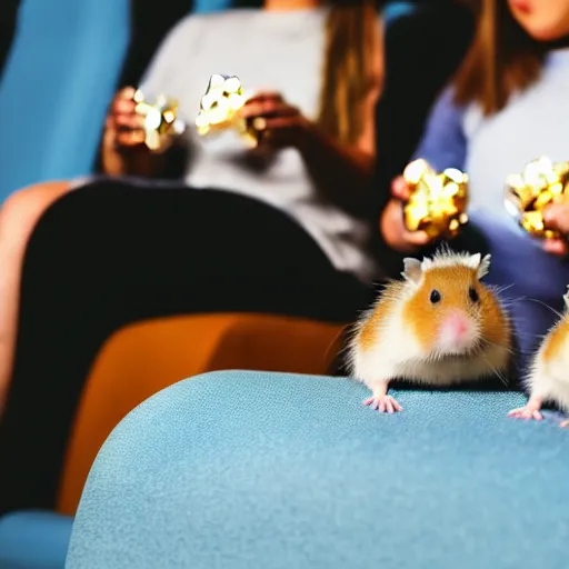 Image similar to photo of two hamsters, bucket of popcorn next to them on a cinema seat, various poses, unedited, dim light, sharp focus, 8 k