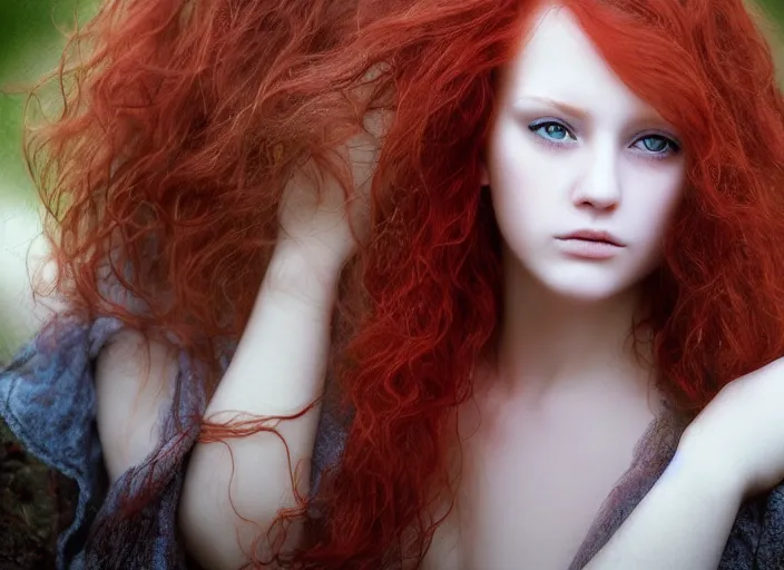 Image similar to award winning 5 5 mm close up face portrait photo of an anesthetic cute redhead with small nose, blood - red wavy hair, intricate eyes, in a park by luis royo