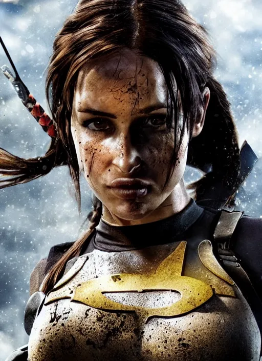 Image similar to a film still of lara croft as batgirl, her face muddy and sweat, direct sun light, close up potrait, cinematic,