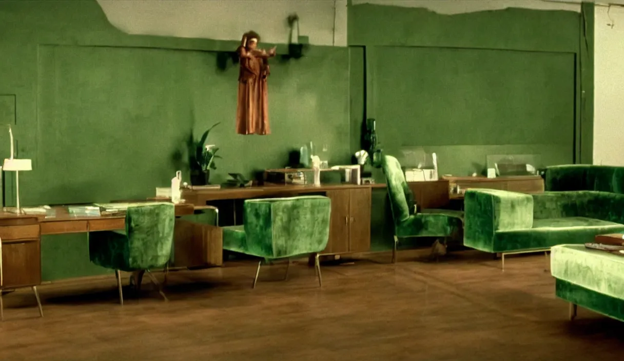 Image similar to a still of severance series indoor 7 0 s green velvet and wood with metal furniture office scenario appearing in a film of jodorowsky, in movie holy mountain ( 1 9 7 3 )