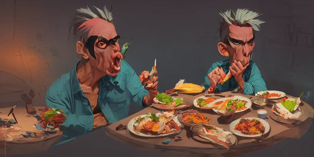 Image similar to cartoonish iggy pop eating dinner, vivid colors, character sheet, fine details, concept design, contrast, kim jung gi, greg rutkowski, trending on artstation, 8 k, full body, turnaround, front view, back view, ultra wide angle