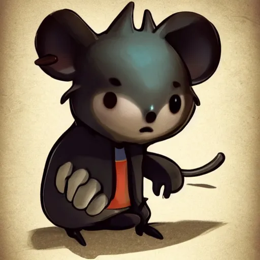 Image similar to anthropomorphism, mouse / human hybrid game character concept art, thief, bad guy, ghiibli meets animal crossing style