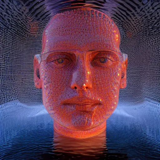 Image similar to a water sculpture in the shape of a human head, on the ocean water, cinematic, in the style of johnson tsang, long shot, hyper detailed, hyper realistic, ray tracing, 8 k resolution, sharp focus, realistic water, award winning