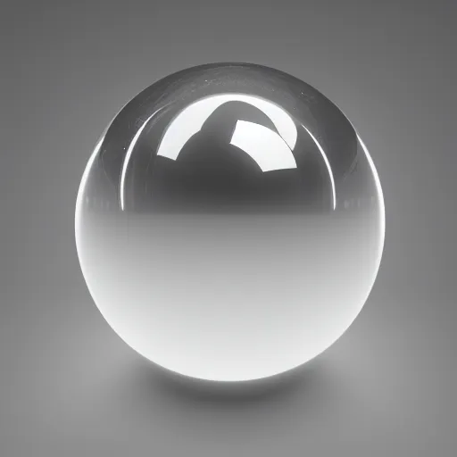 Prompt: render of a perfect glass sphere. Single light source. Studio photography. Ray tracing. Color spectrum. High definition. 8k. Close-up. White surface. Black background. 14 mm lens. Iso 800. F/2.8