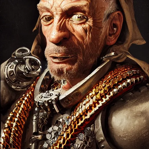 Image similar to portrait, headshot, digital painting, of a old 17th century, old cyborg merchant, amber jewels, baroque, ornate clothing, scifi, realistic, hyperdetailed, chiaroscuro, concept art, art by Franz Hals and Jon Foster