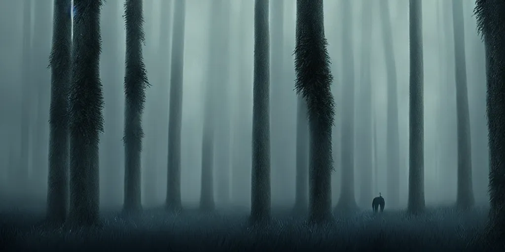 Image similar to a dark foggy forest, a very tall faceless monster standing amongst the trees, style of alexandre chaudret, horror, dark fantasy, detailed, artstation, 4 k