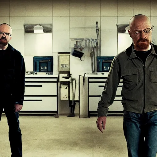 Image similar to walter white and jesse pinkman in gus frings underground laboratory on top of howard hamlin and lalo salamunca